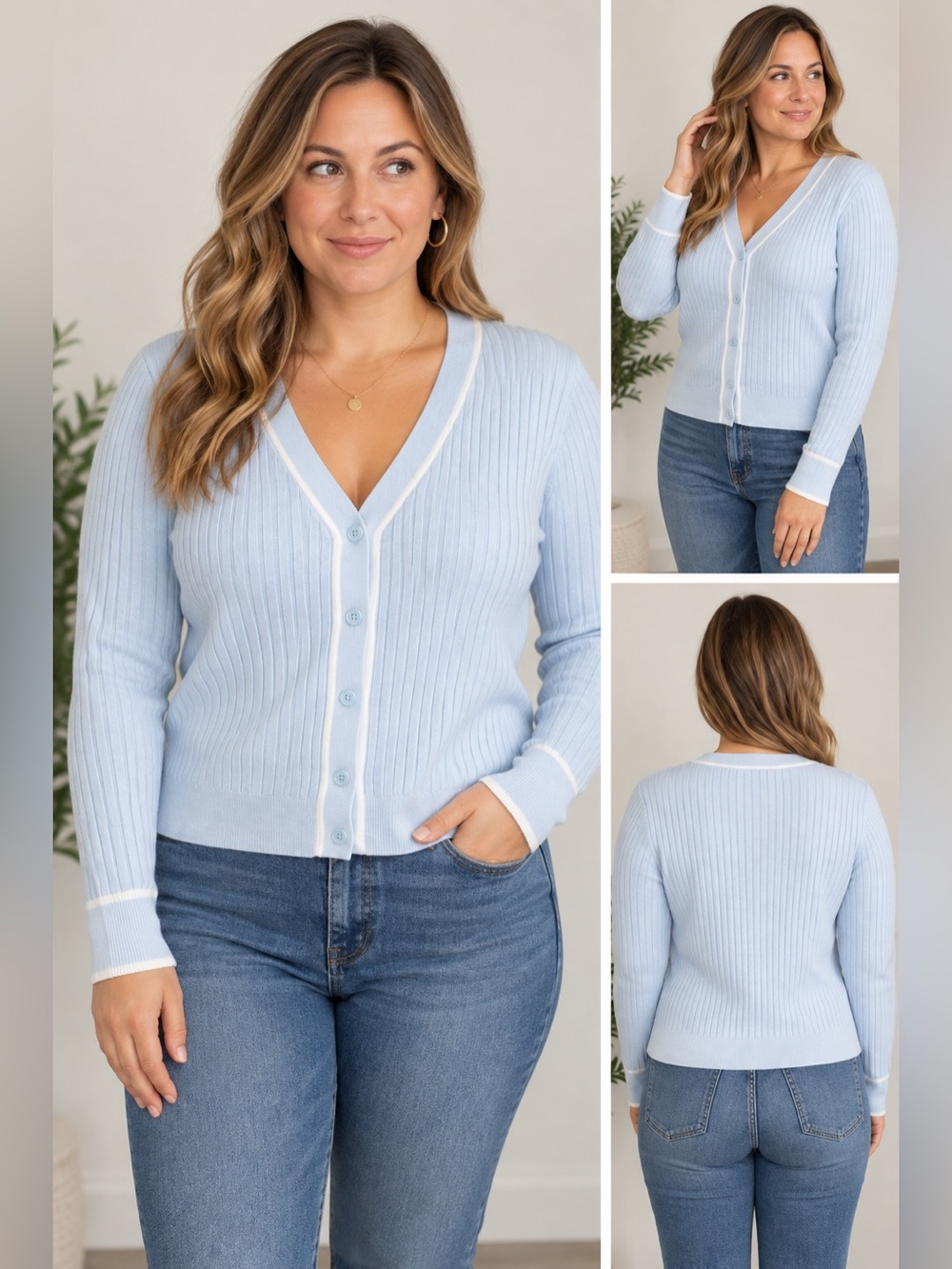 all in motion Light Blue Ribbed V-Neck Cardigan with White Trim medium NWOT
